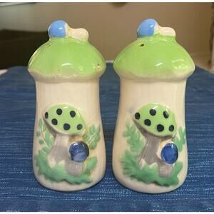 Vintage Green Blue Mushroom Salt & Pepper Shaker Set 4" 32B